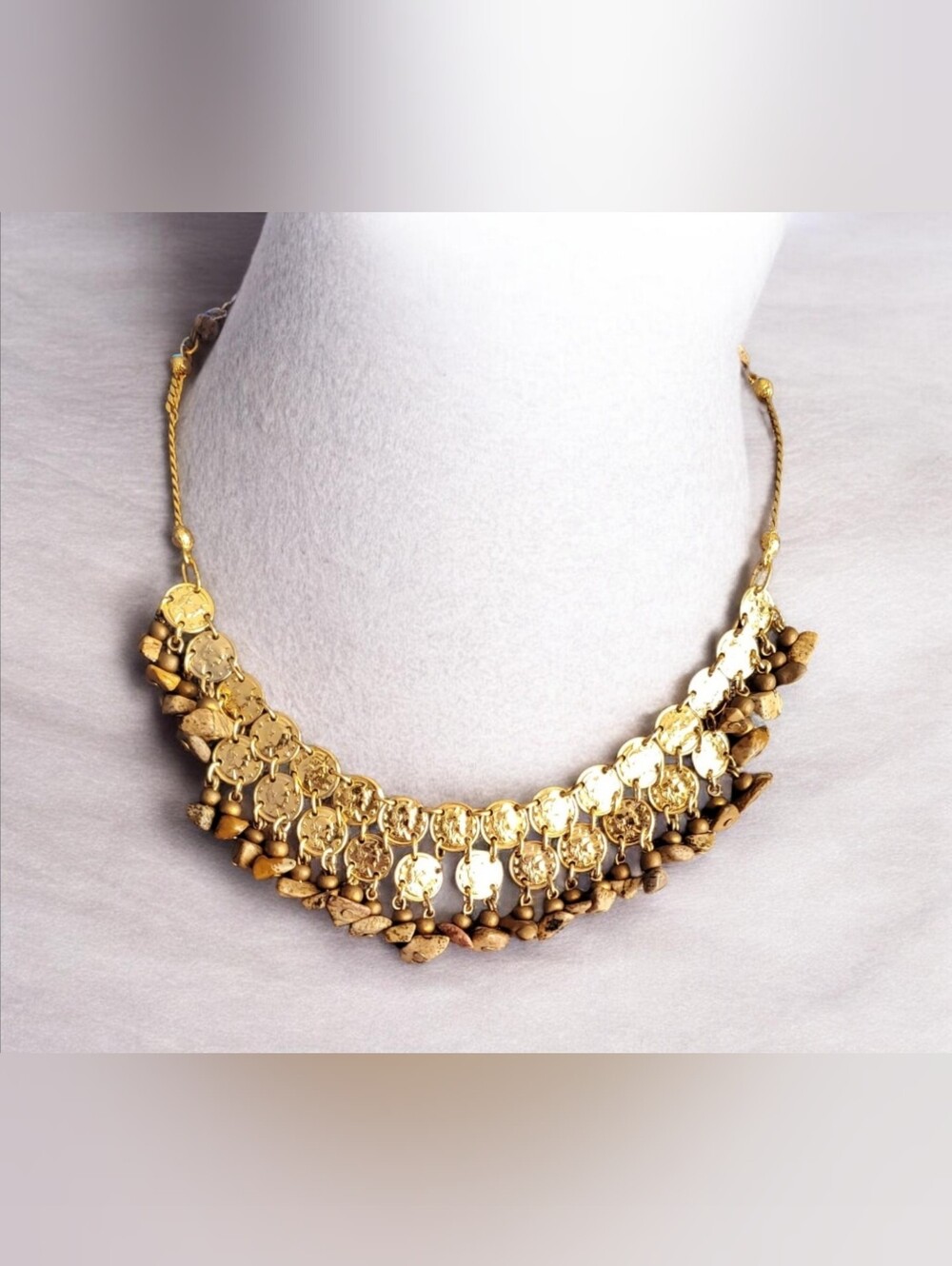 Vtg. Gold Coins Fringed Jasper Stones Necklace